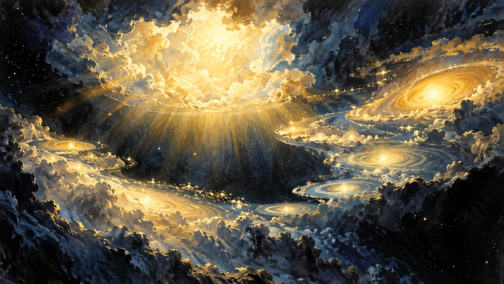 Luminous clouds emerge in an abstract field of dark space.