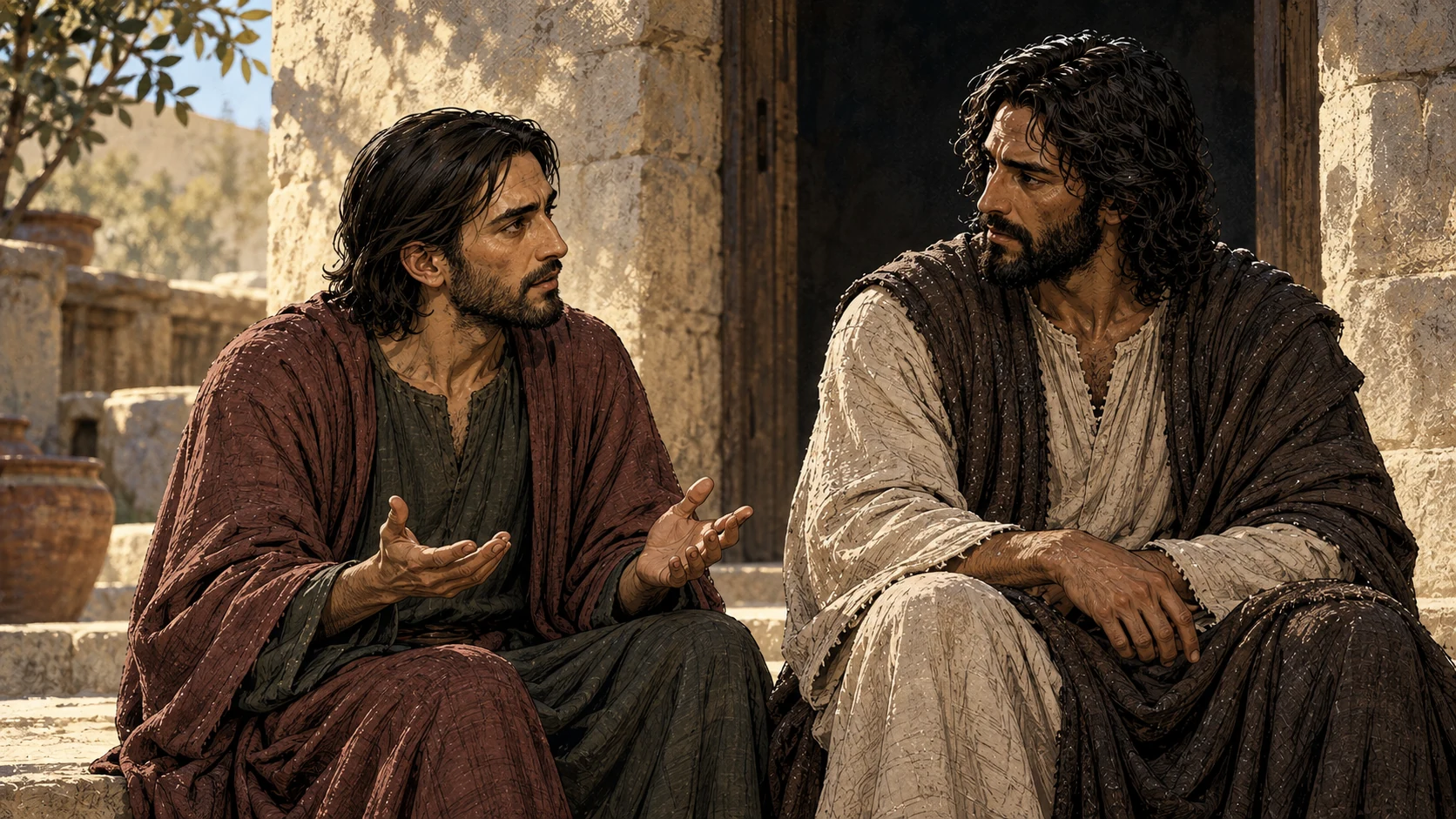 Judas questions Jesus at a pale stone threshold.