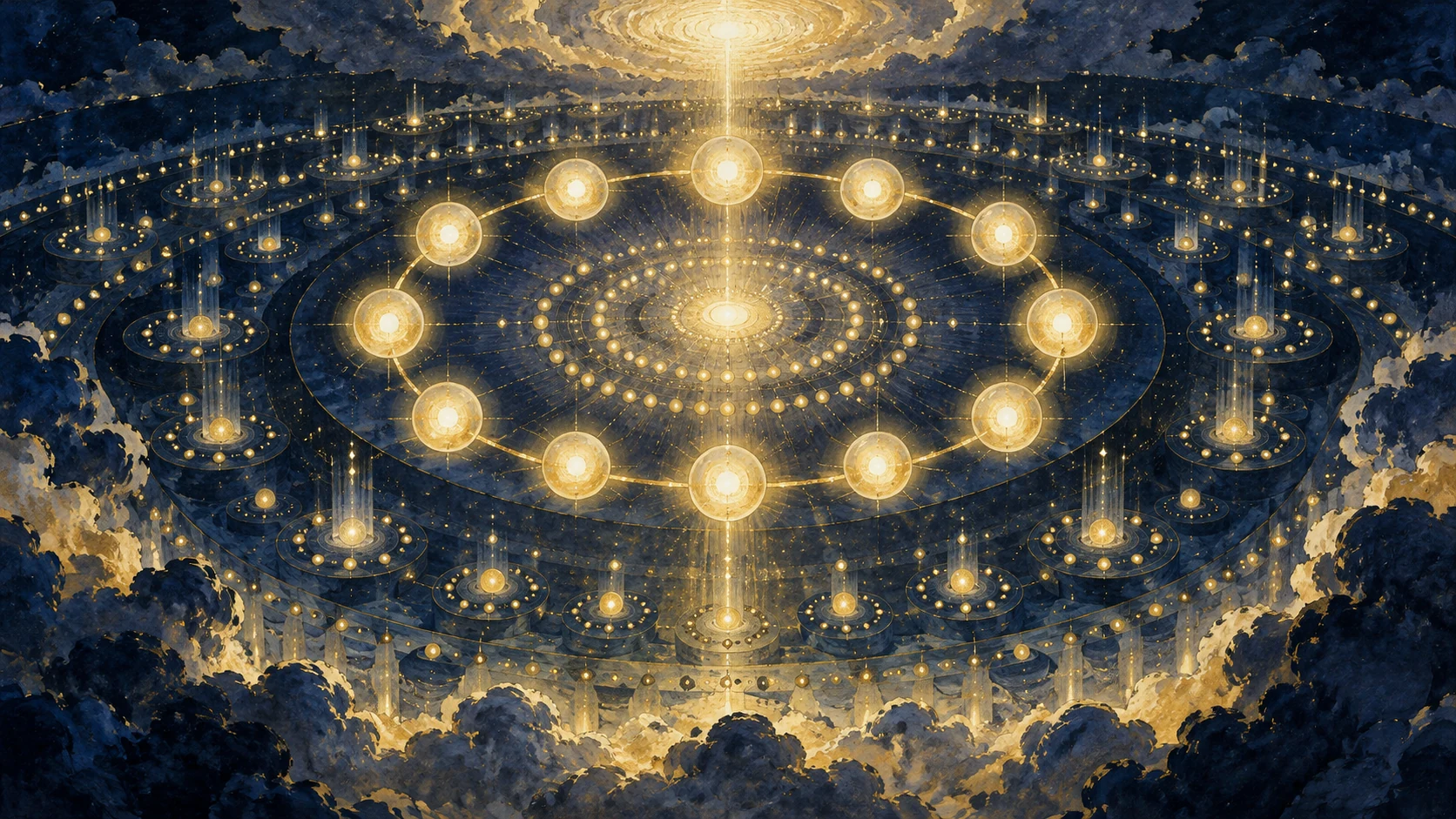 A ring of twelve major light nodes surrounds a luminous center amid smaller nested points.