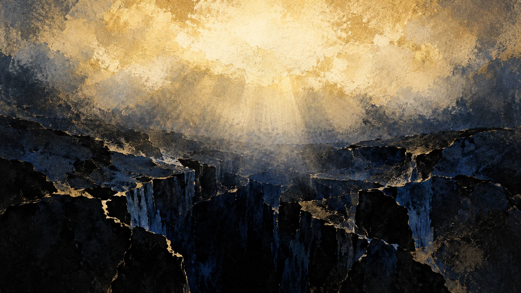 An unfigured cloud of pale light hangs above dark fractured depths.