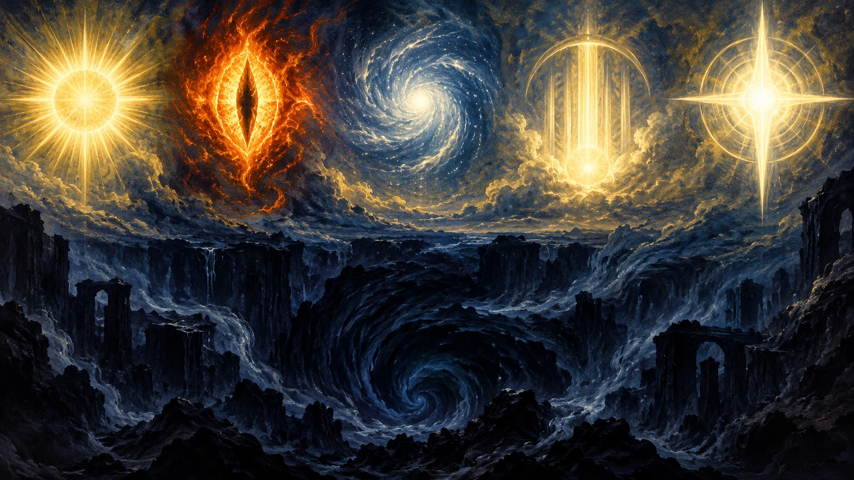 Five distinct abstract light forms appear above dark fractured depths.