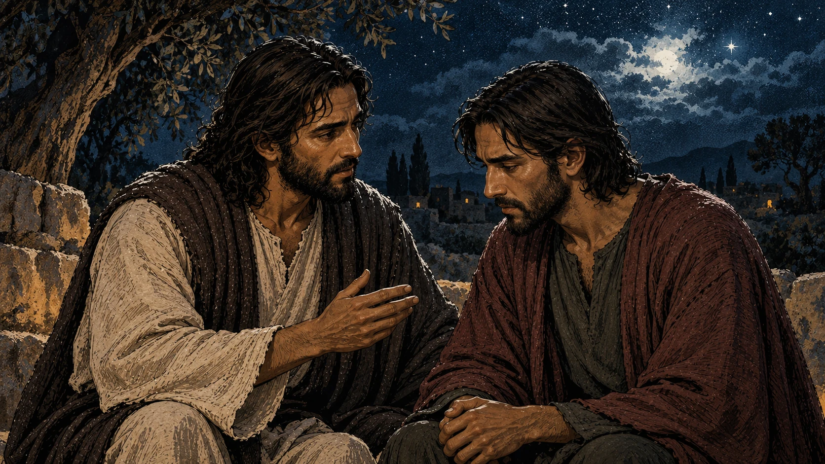 Jesus warns Judas solemnly while Judas bows his head.