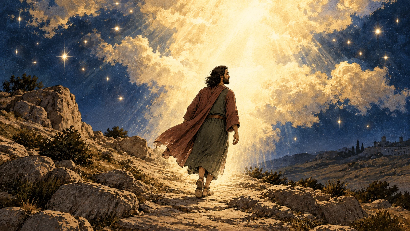 In this text’s visionary portrayal, Judas walks along a stone path into luminous mist beneath star-like lights.