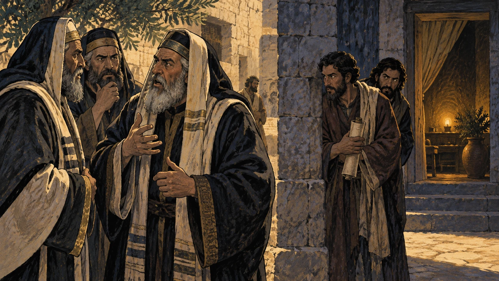 Ordinary adults converse with disturbed expressions outside a guest-room doorway.