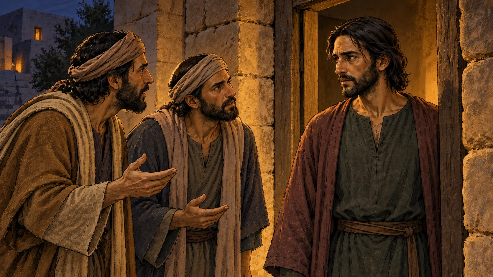 Two questioners approach Judas at a stone doorway by evening lamplight.