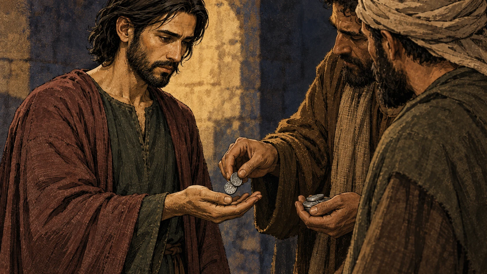 A questioner passes small coins into Judas’s open hand.