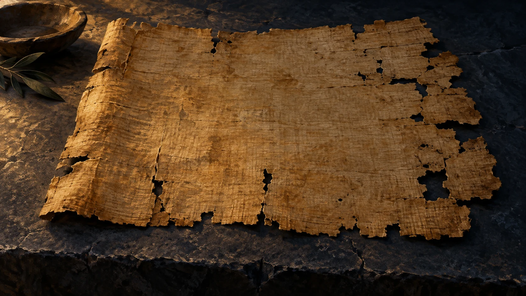 An unlettered worn papyrus surface with damaged edges rests on a dark stone table.