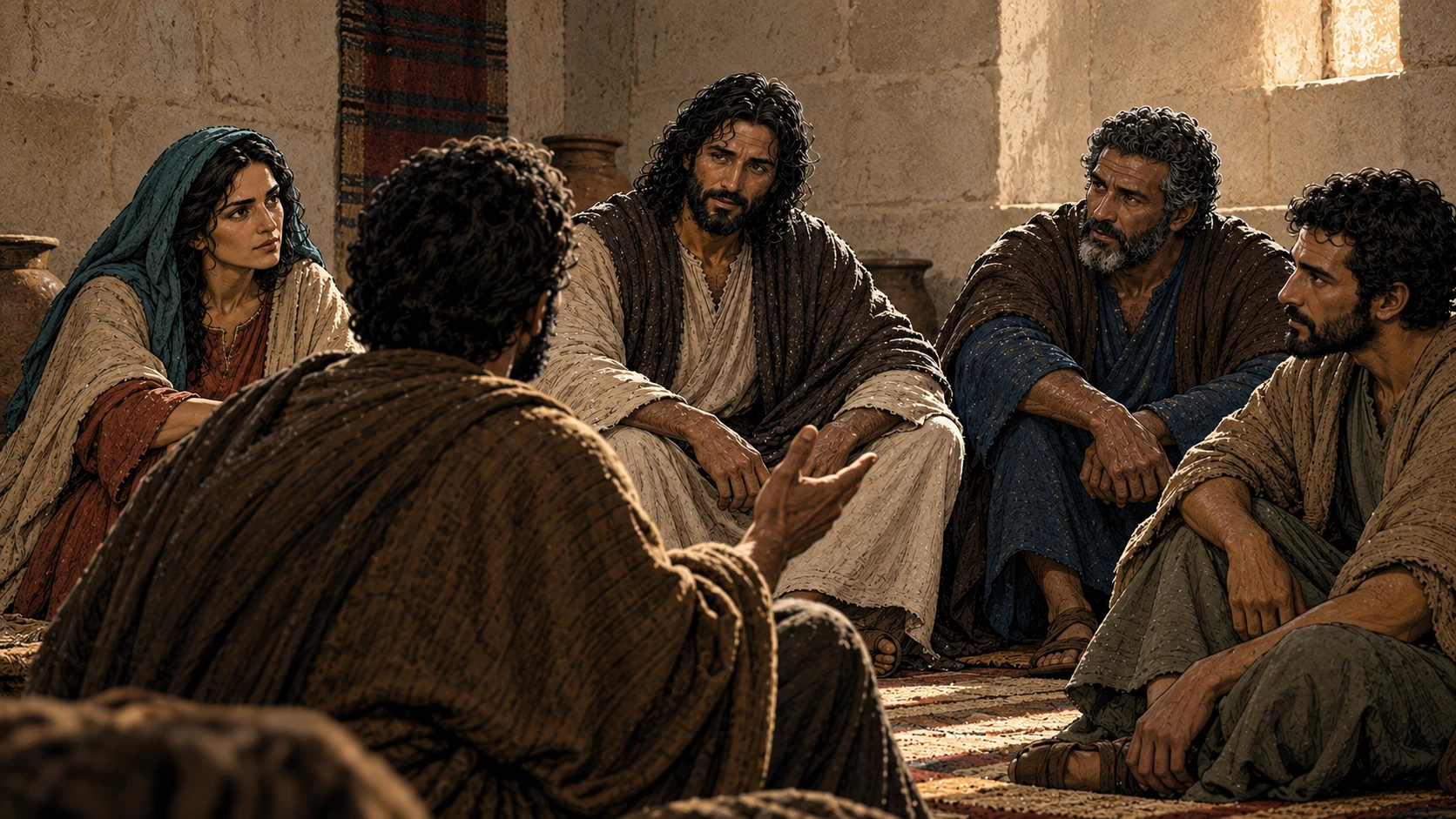 An unnamed listener questions the Savior while Mary and the disciples listen.