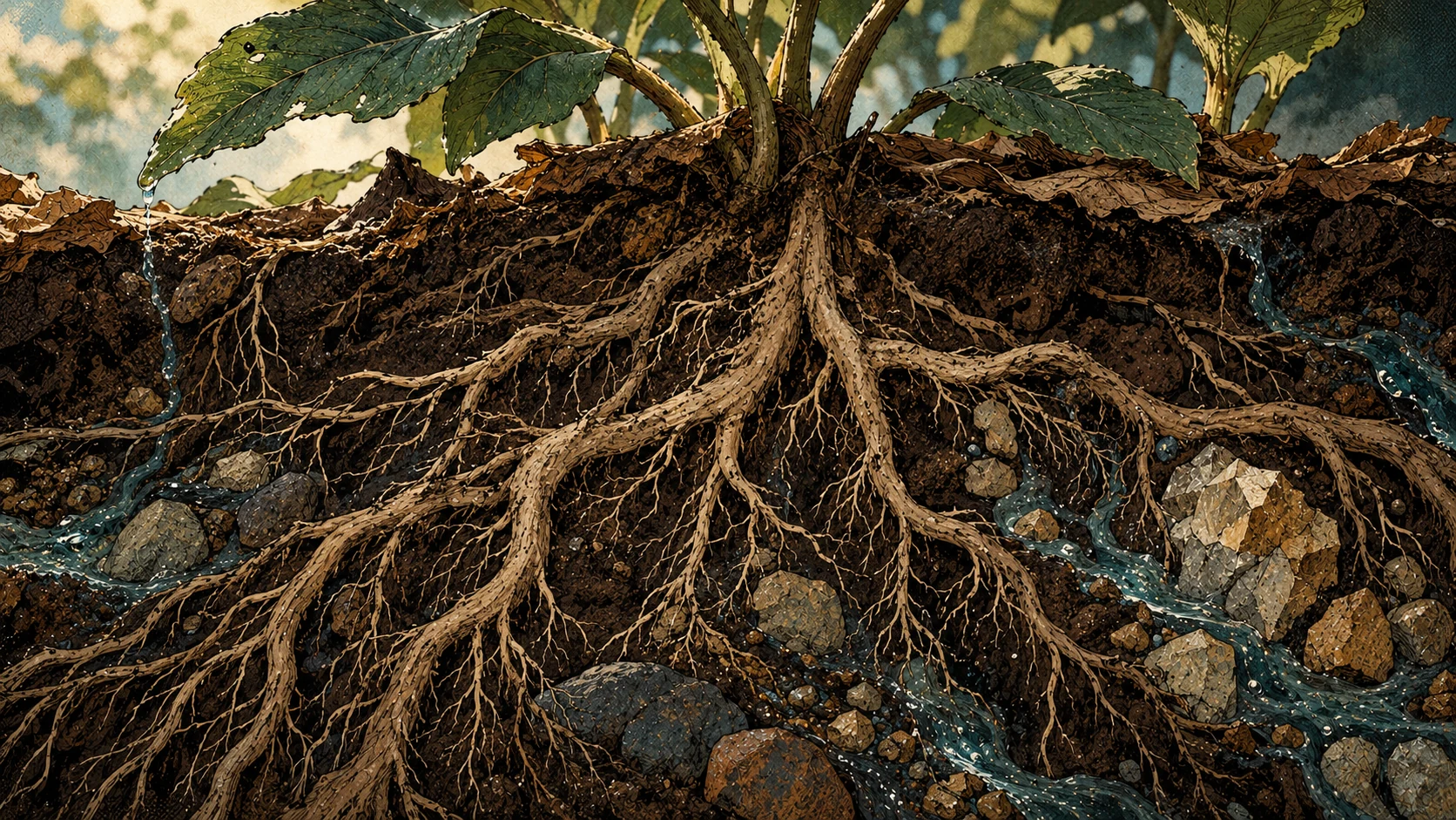 Roots, earth, stone and water interweave in a visual essay about material origins.