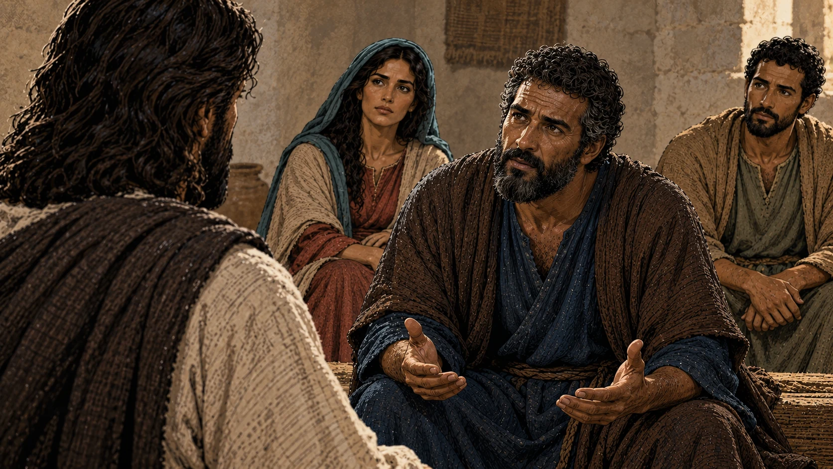Peter asks a question with open hands as Mary and Andrew listen.