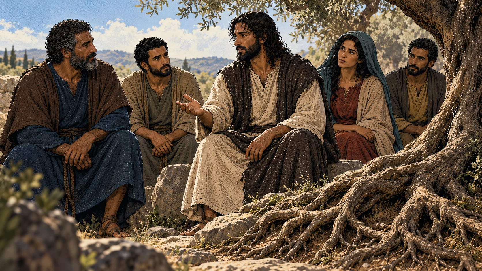 The Savior teaches beside exposed roots in an interpretive image of restoration.