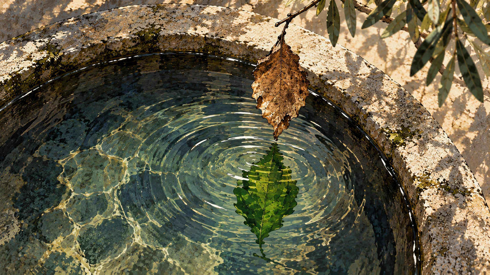 A dry leaf hangs above a pool whose reflection appears greener.