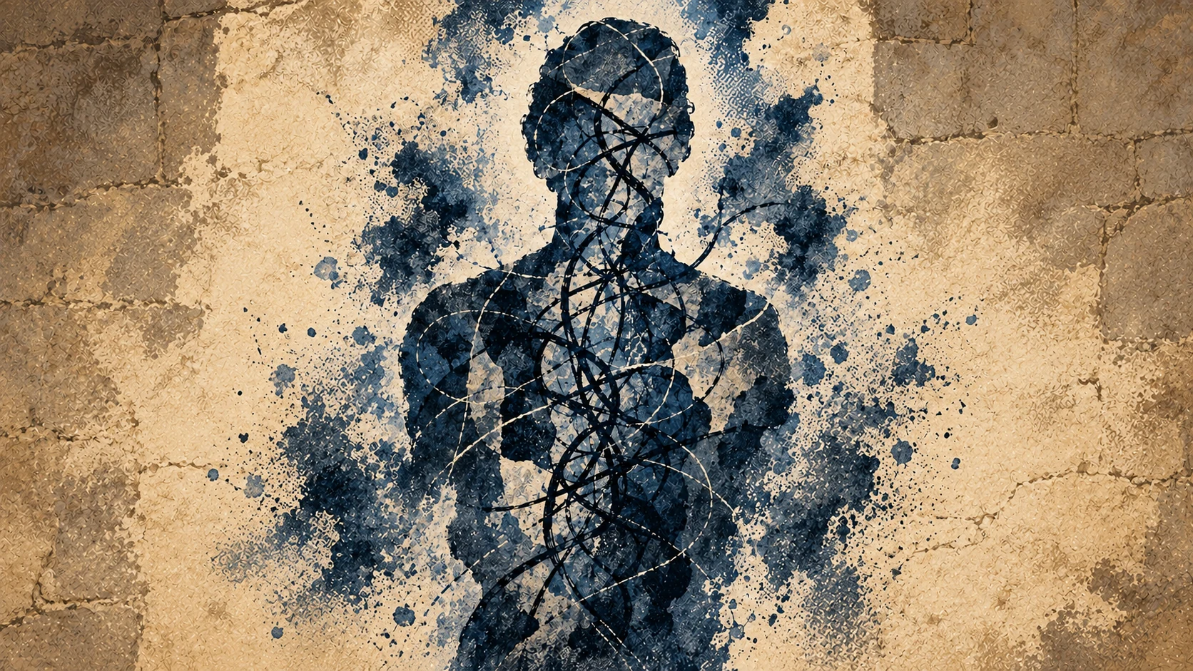 Tangled lines cross a faceless silhouette, interpreting bodily confusion.