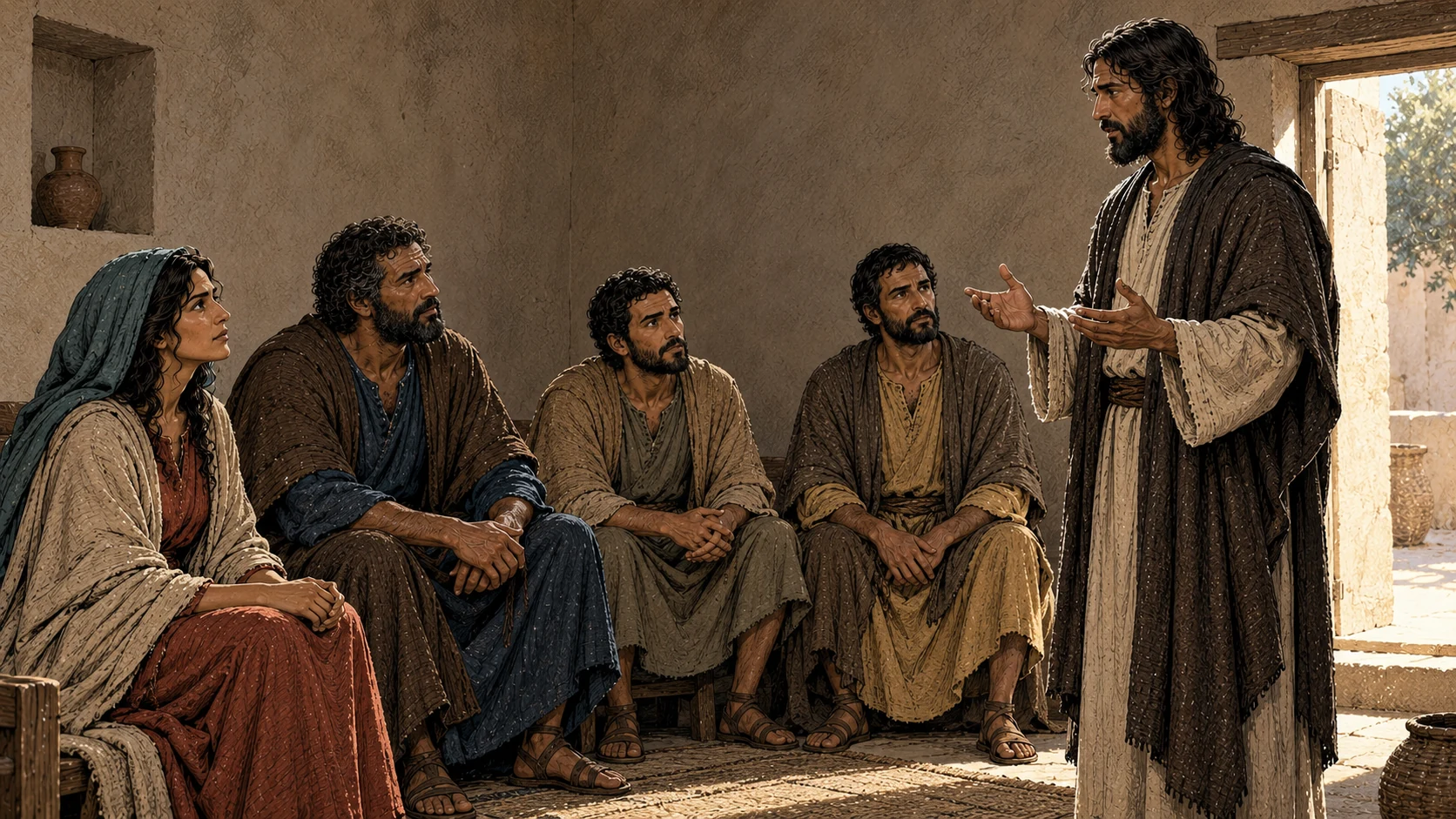 The Savior stands beside a doorway while commissioning the disciples.