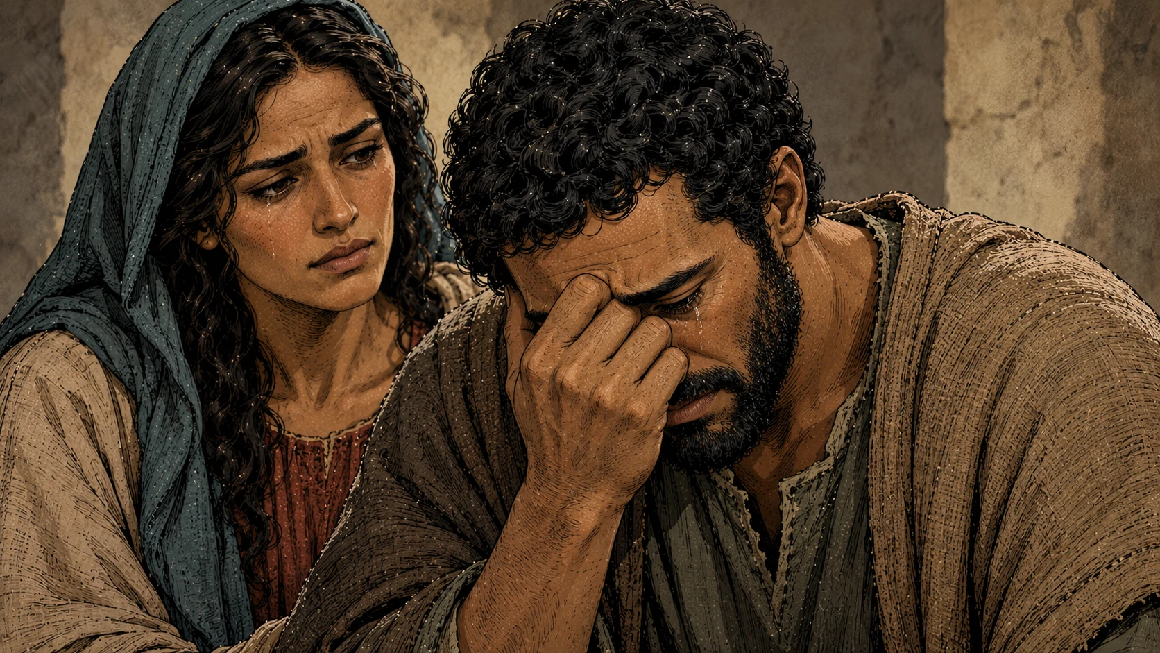Andrew covers part of his tearful face; Mary grieves behind him.