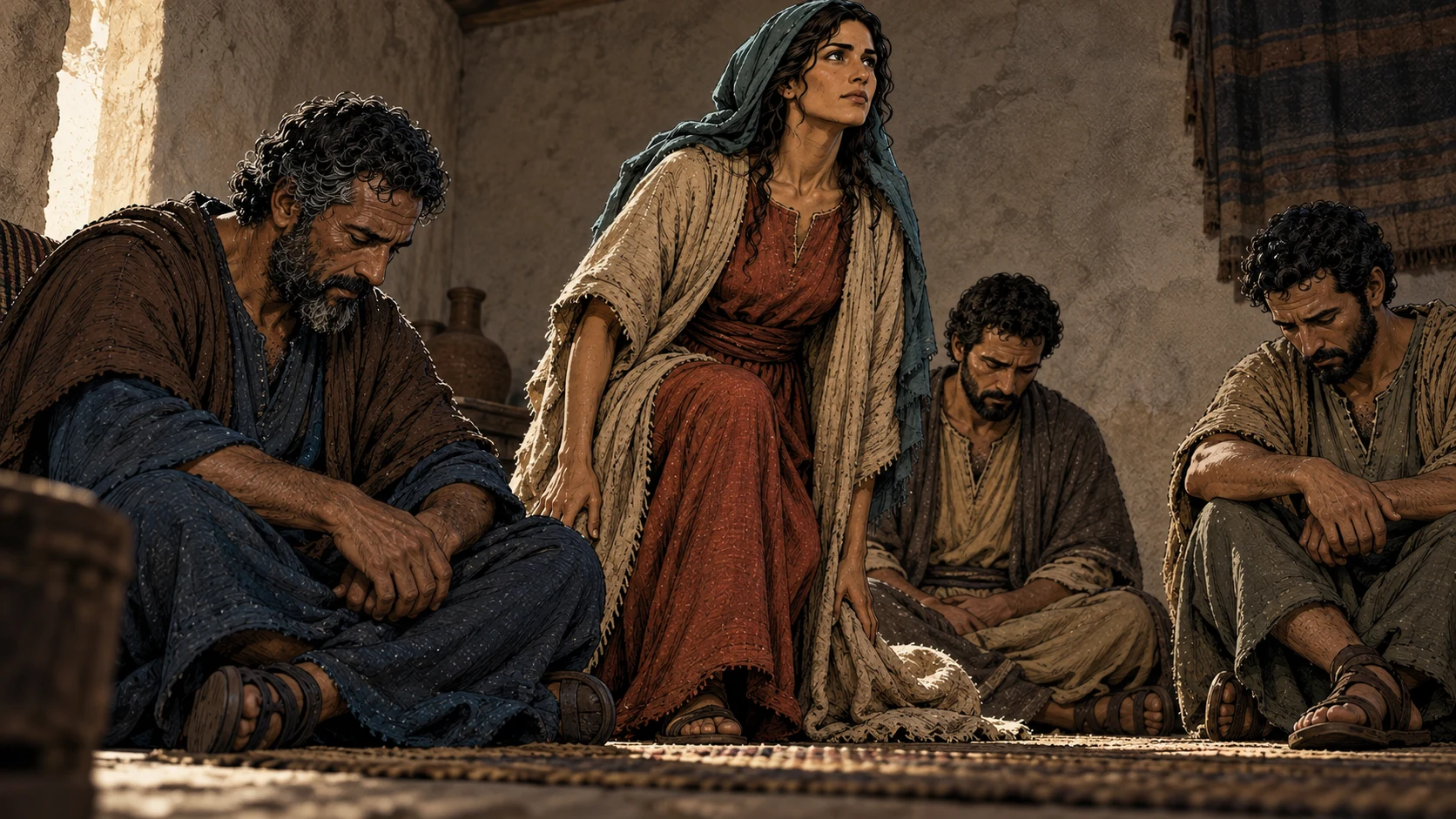 Mary rises among the seated, grieving disciples.