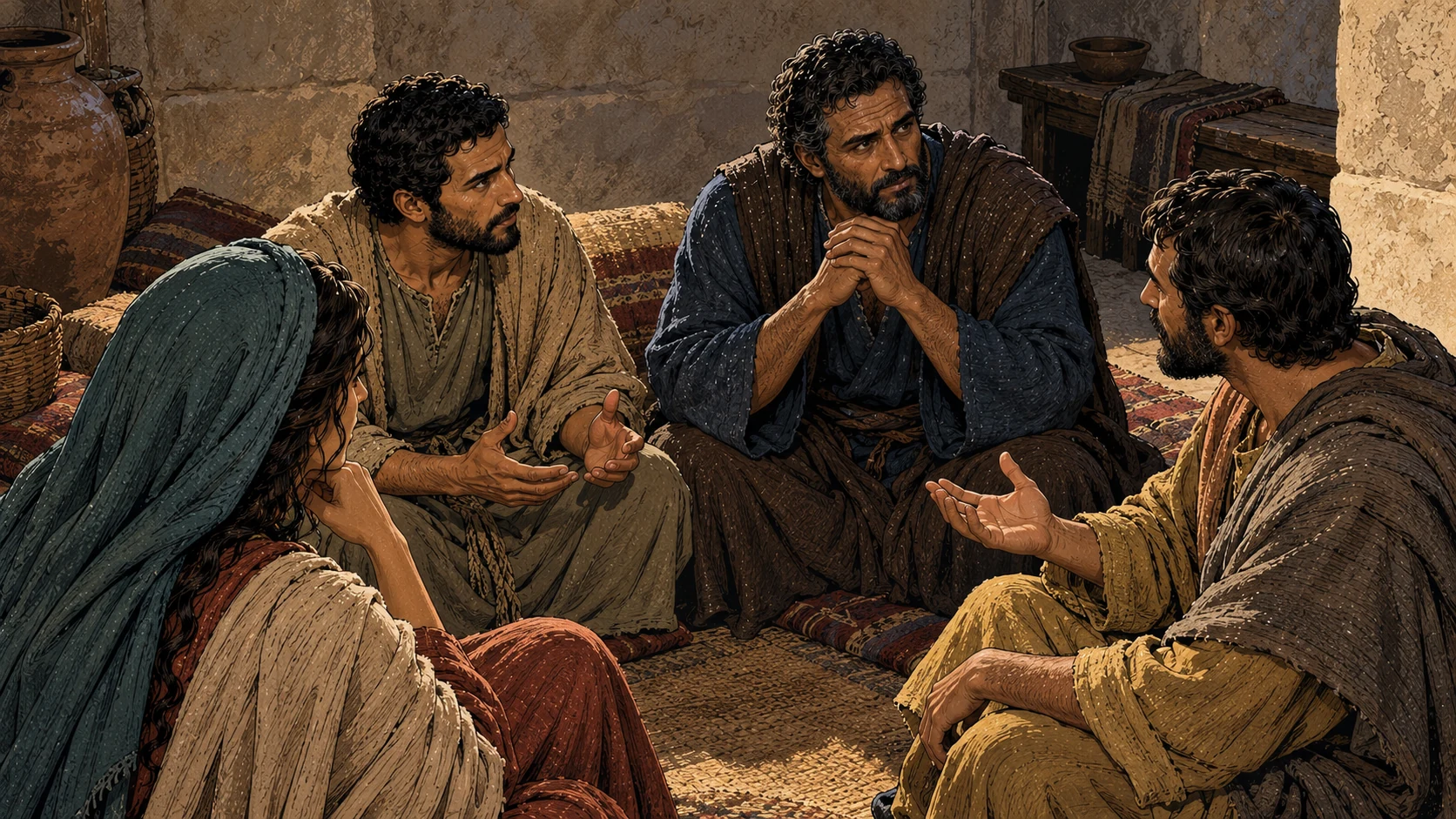 The disciples face one another in renewed debate.