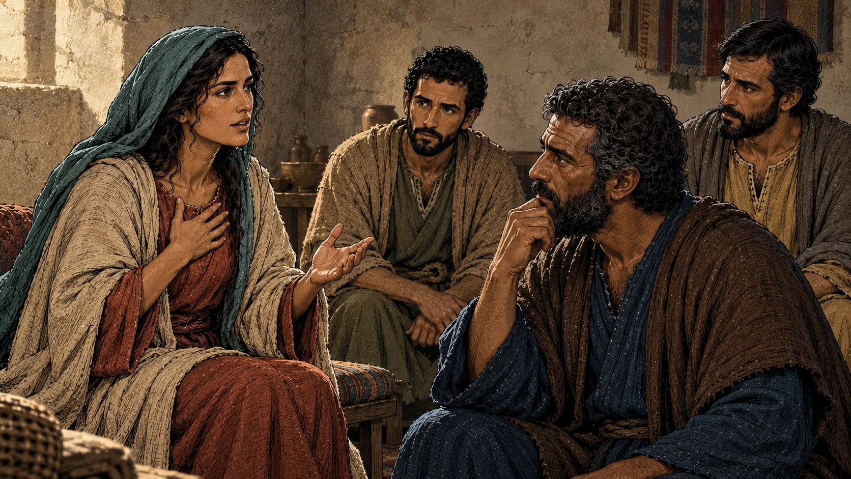 Mary begins her testimony in the room while the disciples listen.