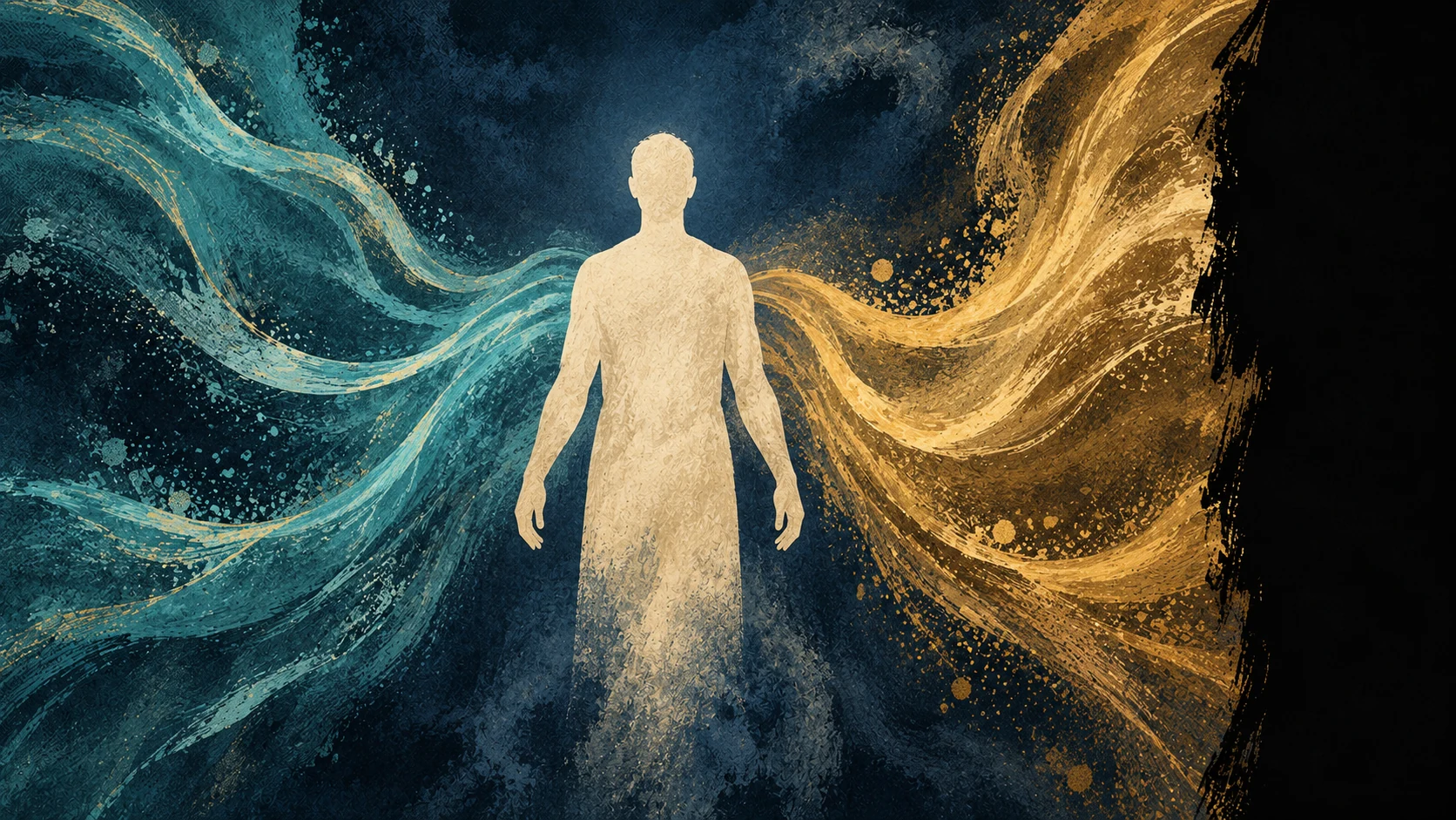 A faceless silhouette stands between two currents beside an interrupted dark edge.