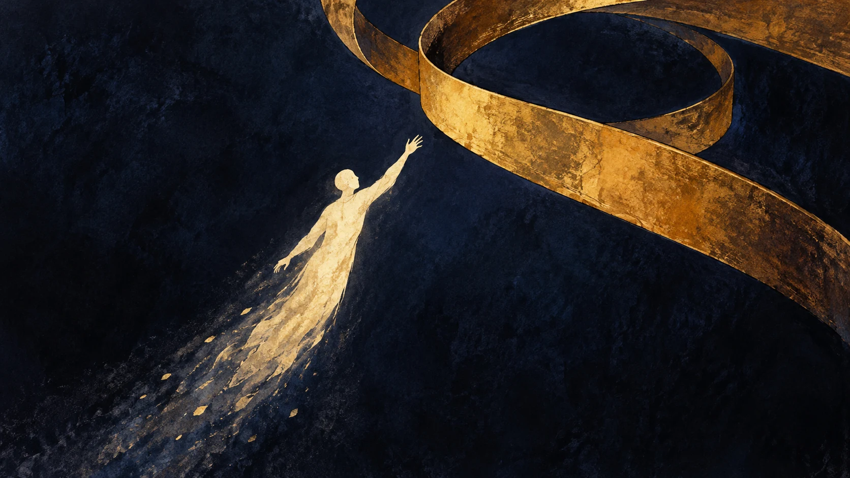 A faceless symbolic soul rises toward an enclosing amber loop representing Desire.