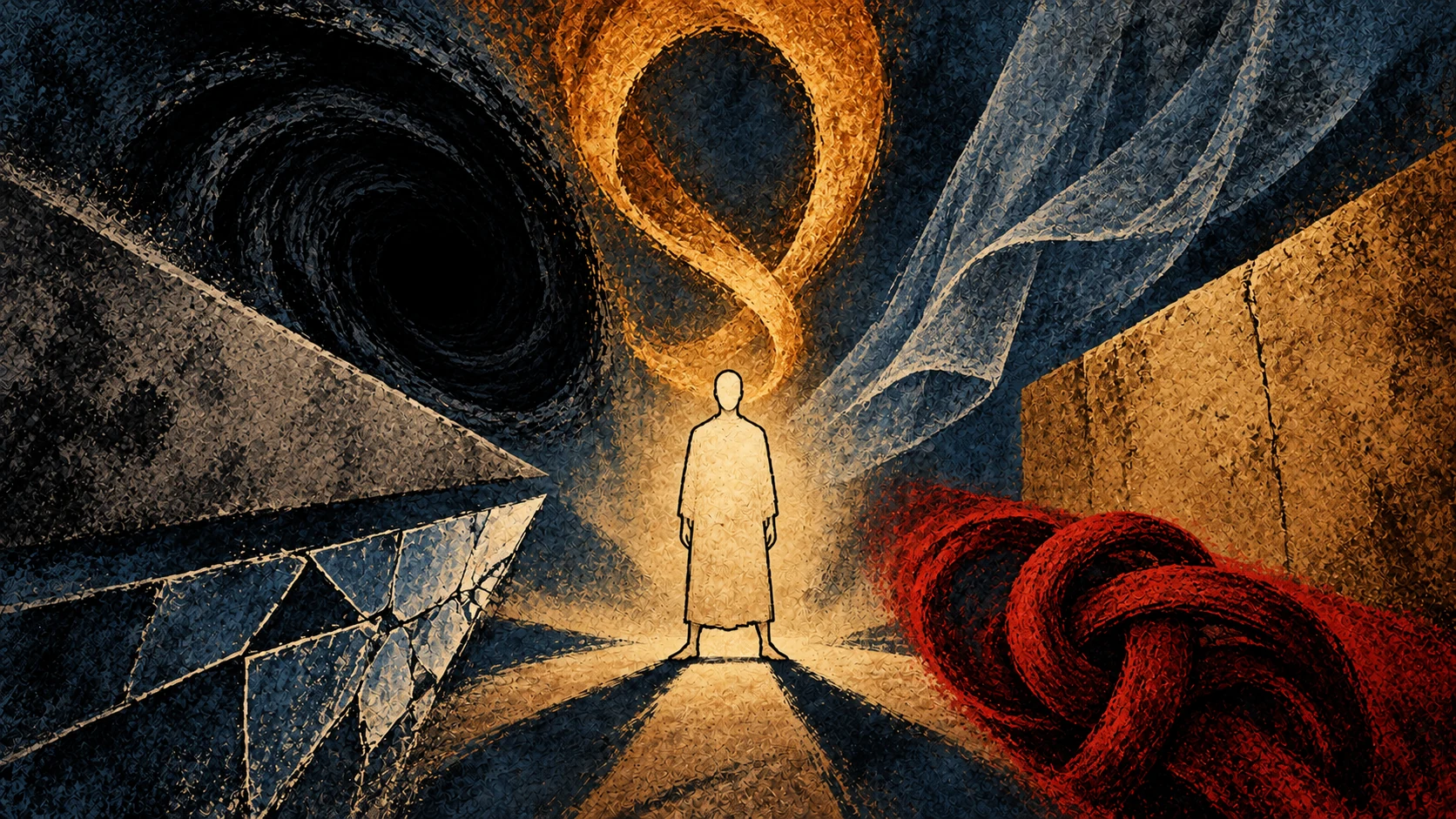 Seven abstract powers surround the symbolic soul in an interpretive accusation.