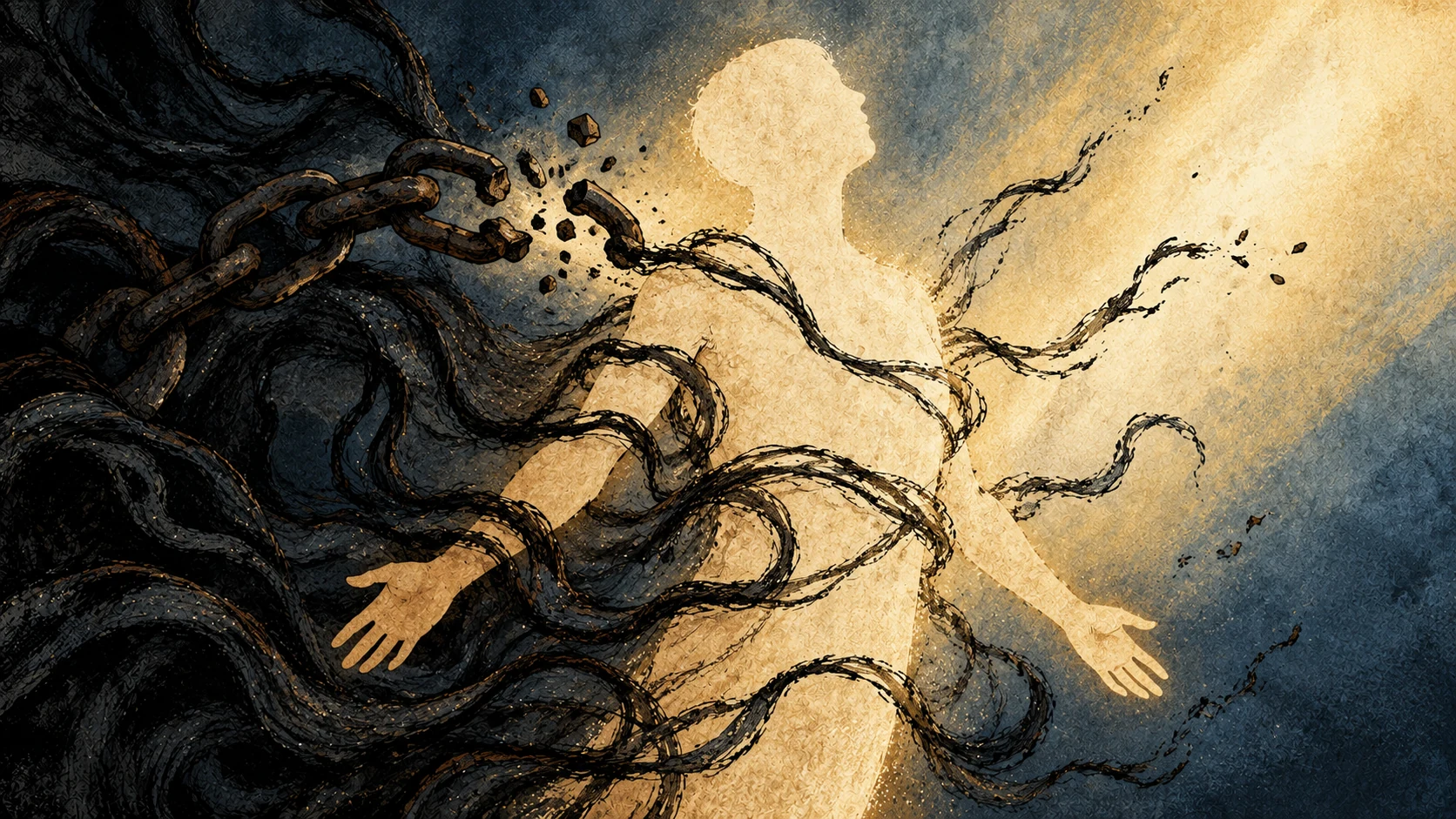 Dark binding threads and a chain-like loop break around the symbolic soul.