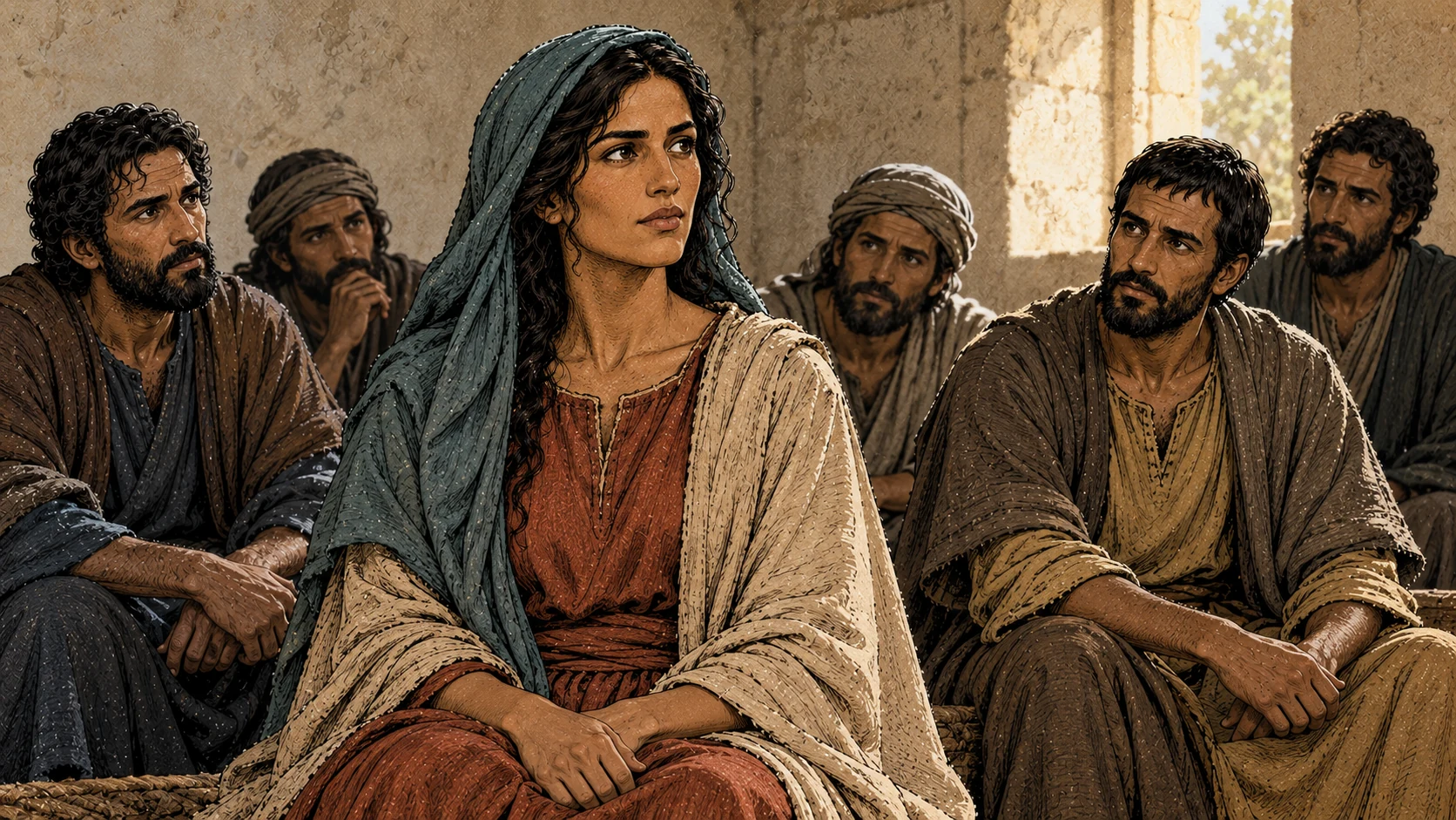 Mary falls silent in the room as the disciples watch.