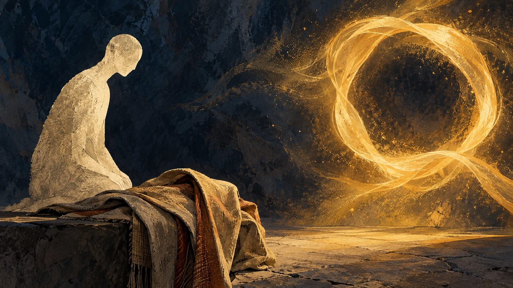 The symbolic soul faces Desire beside an empty garment-like fold.