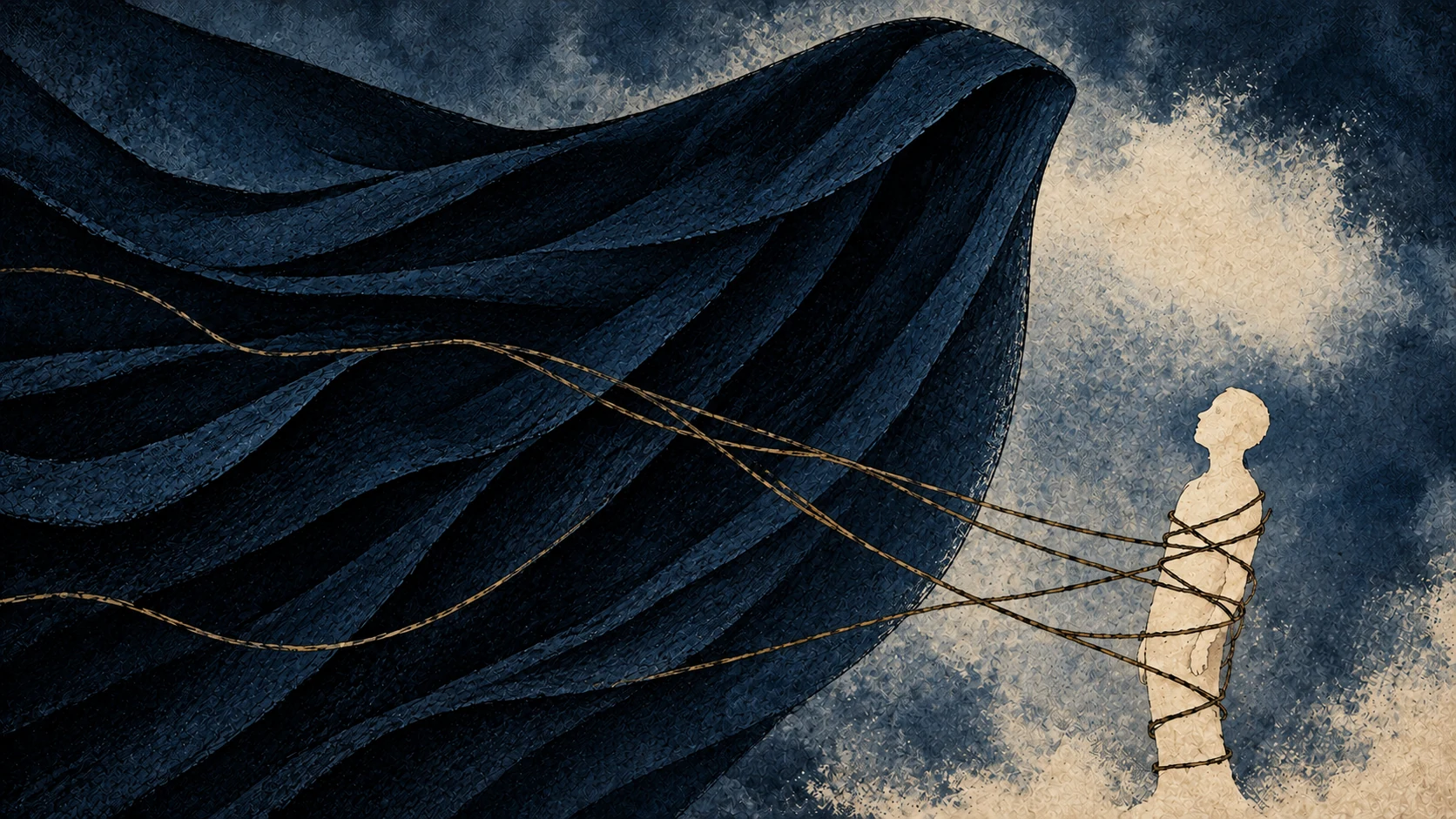 An opaque veil representing Ignorance confronts the bound symbolic soul.