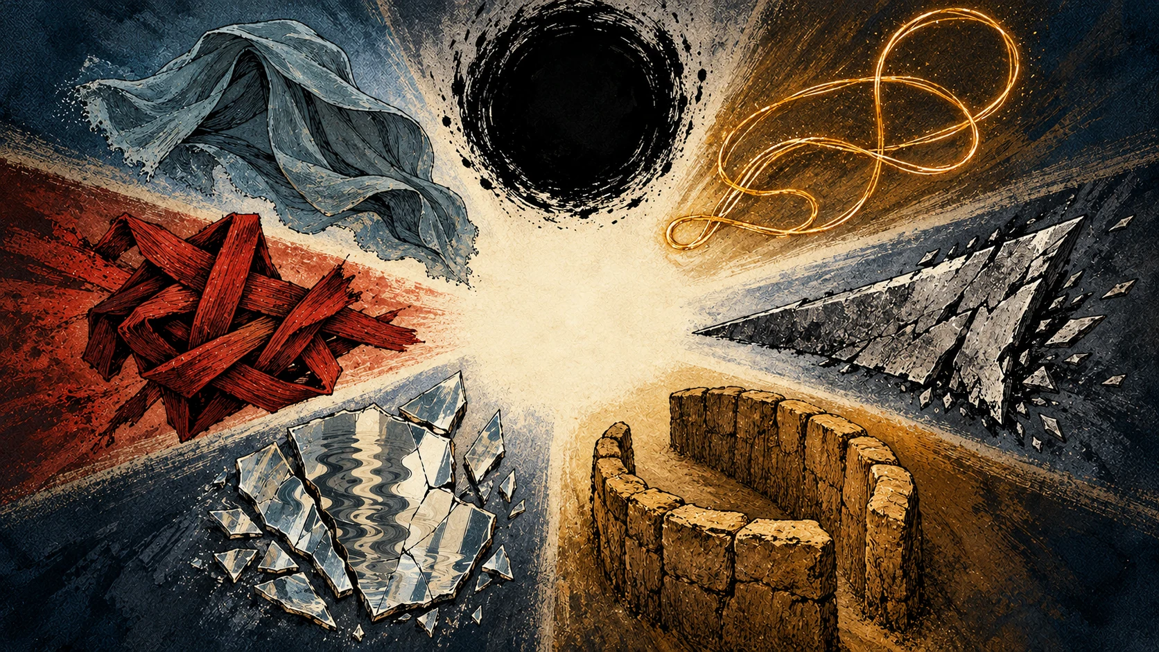 Seven distinct abstract forms interpret the source’s seven named powers.
