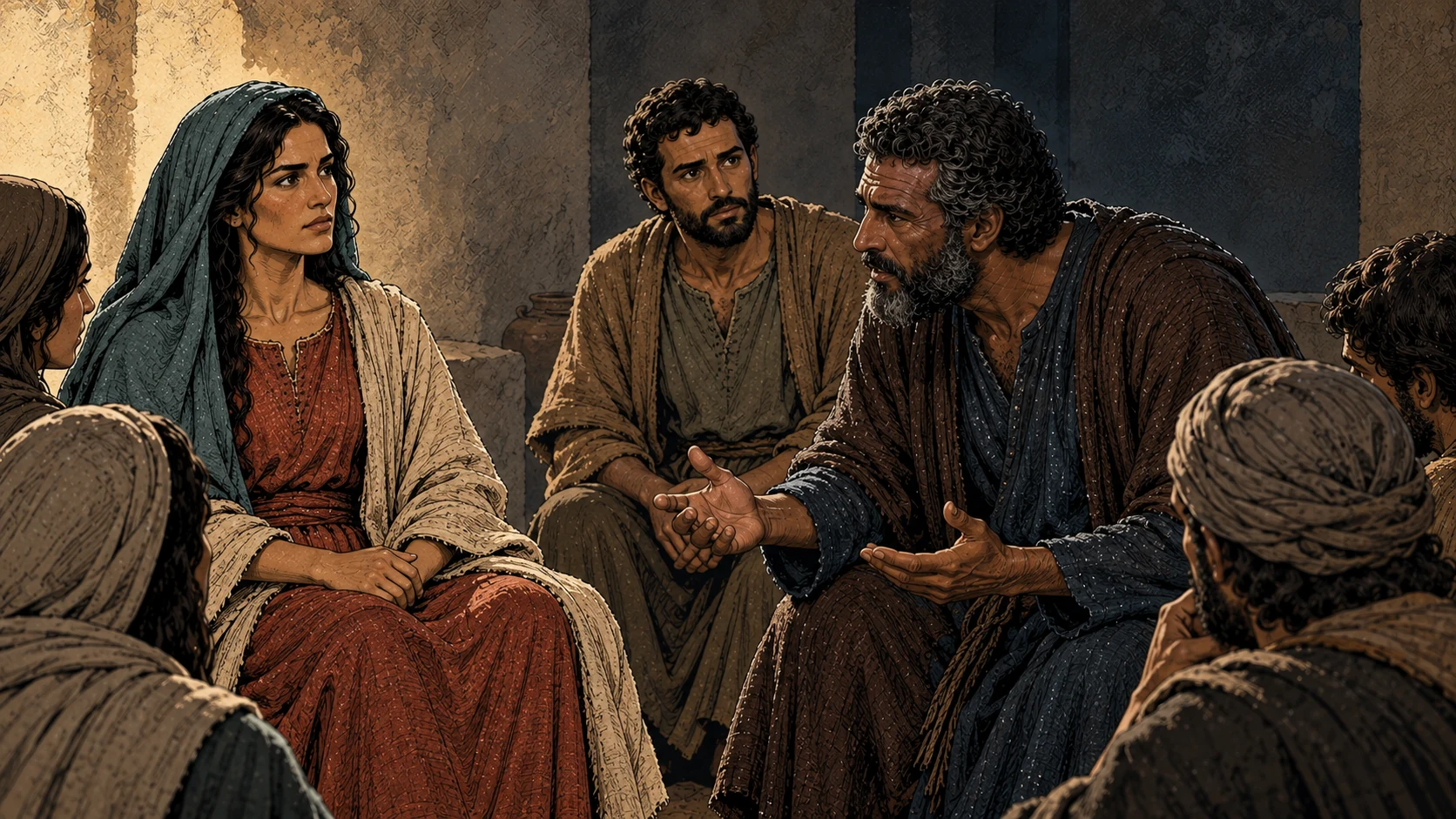 Peter questions Mary’s testimony while Andrew listens.