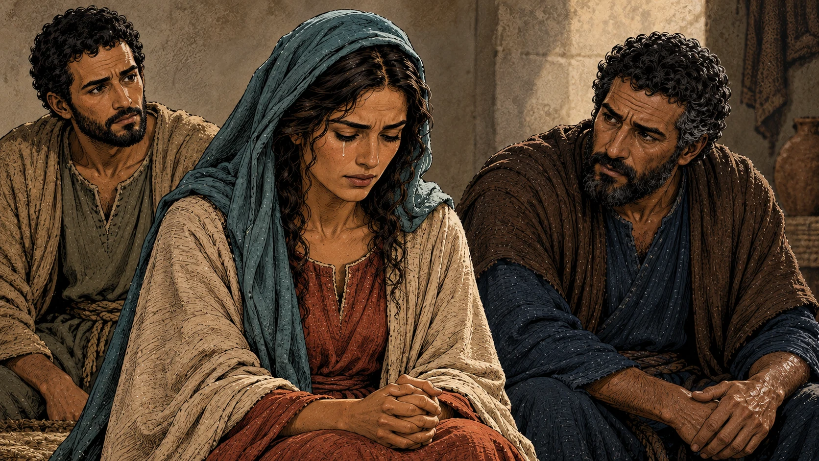 Mary lowers her tearful face with hands held quietly together.