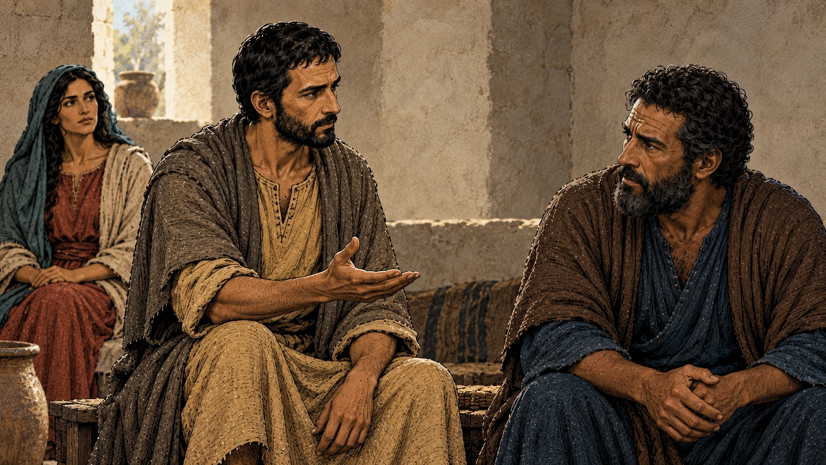 Levi addresses Peter with an open hand while Mary listens.