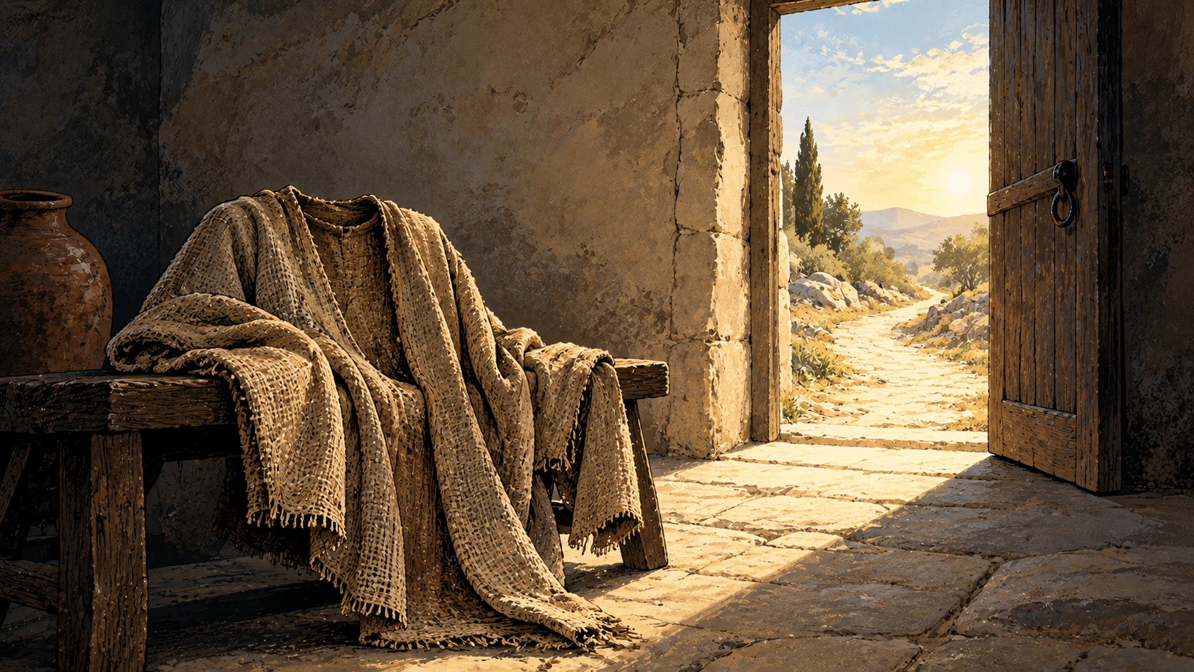 An empty garment and open path interpret the teaching about perfect Humanity.