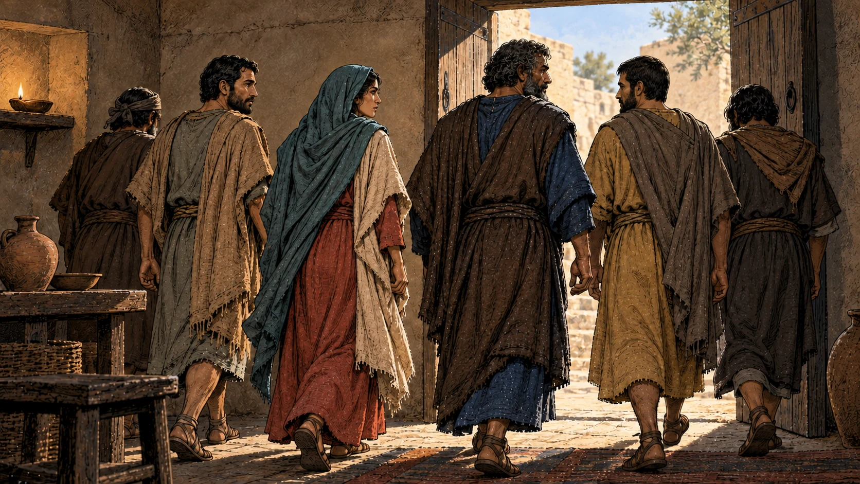 Mary and the disciples leave the room together.