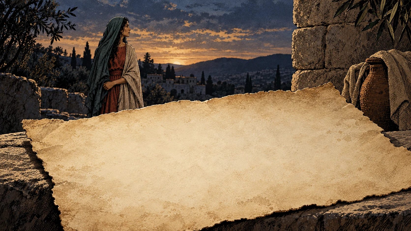 Blank parchment and an illustrative portrait of Mary accompany the closing title.