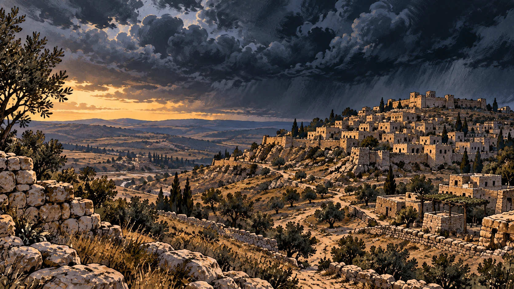 Storm over Judean town.