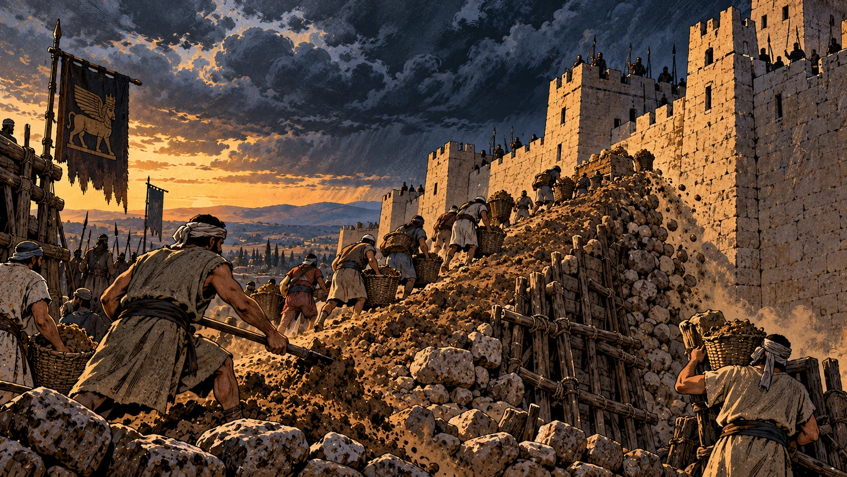 Earth ramp against fortress.