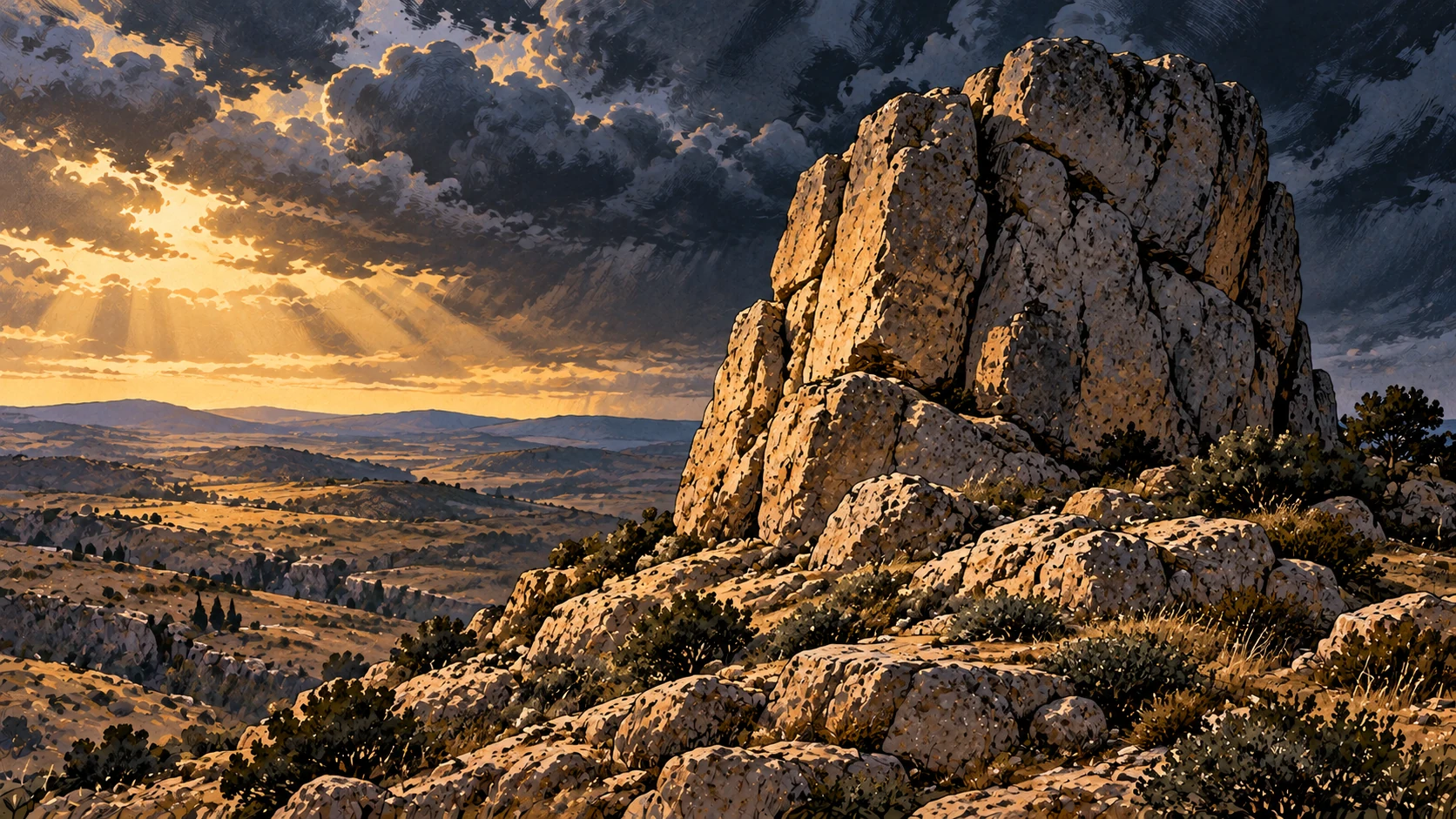 Massive rock under storm.