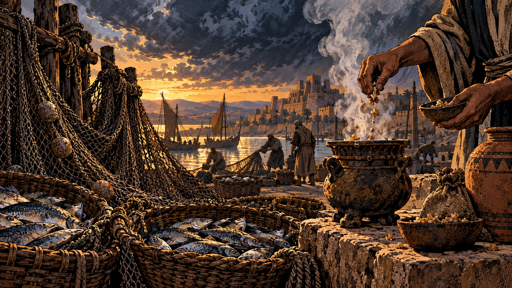 Incense beside nets and food.