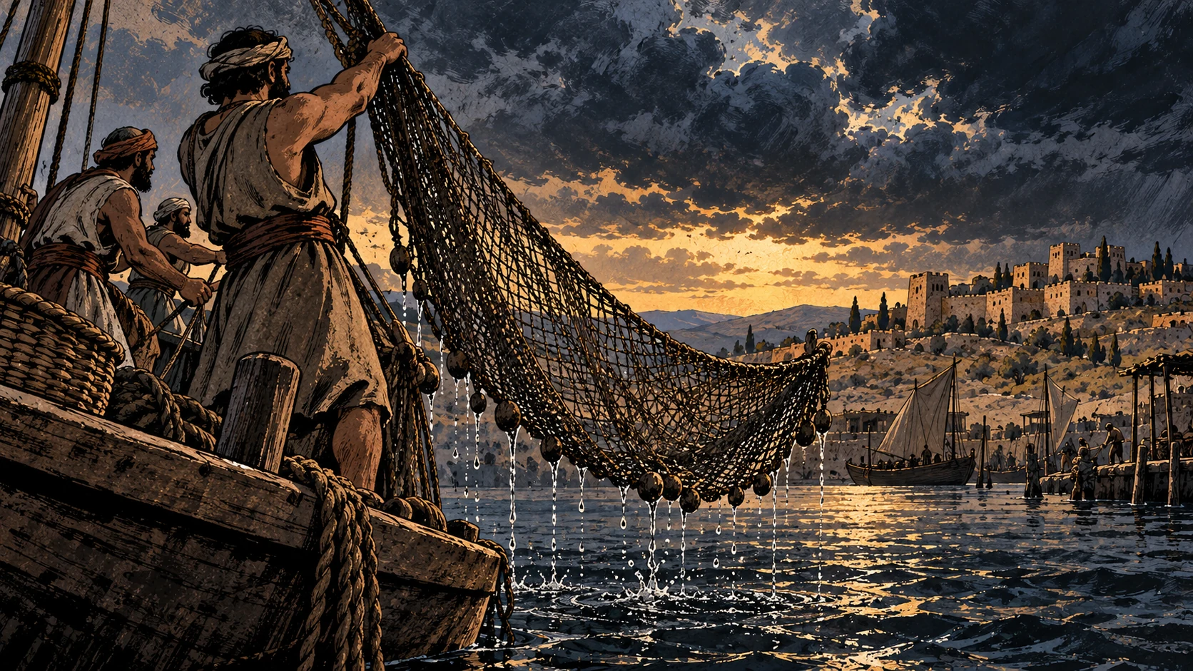 Crew empties fishing net.