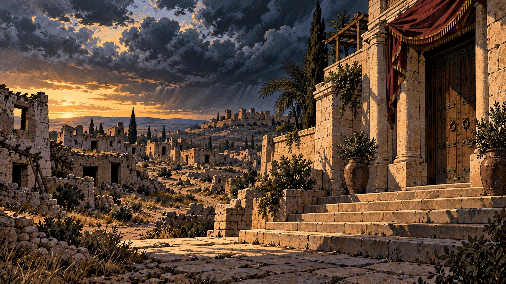 Empty grand threshold beside ruins.