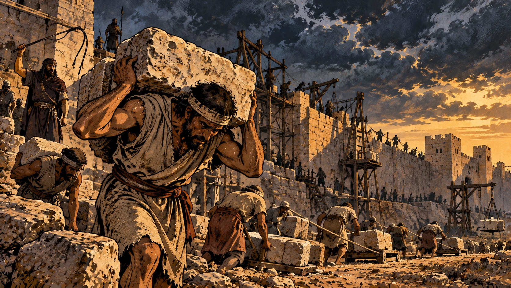 Burdened construction laborers.