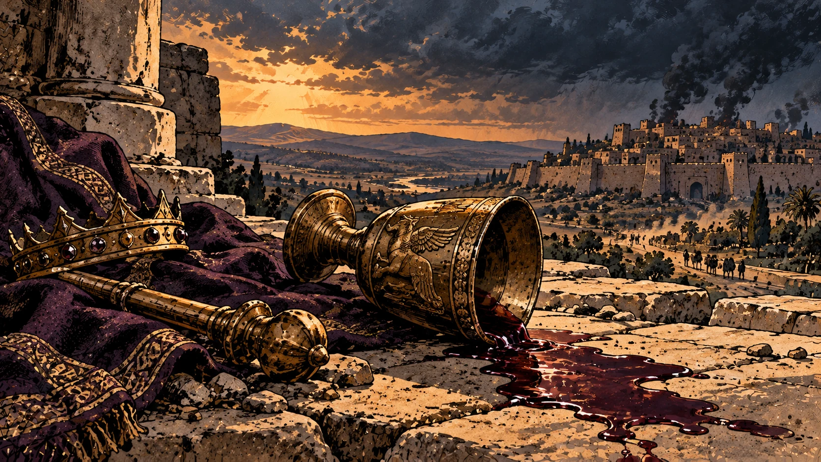 Spilled wine and fallen crown.