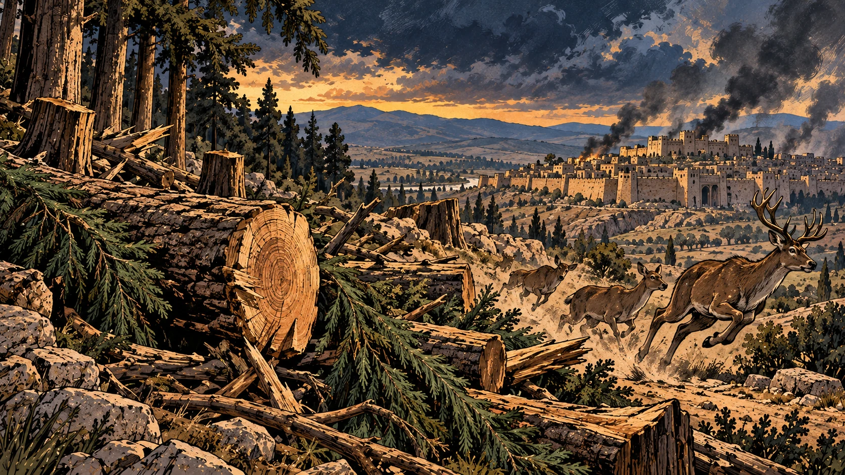 Felled cedars and fleeing deer.