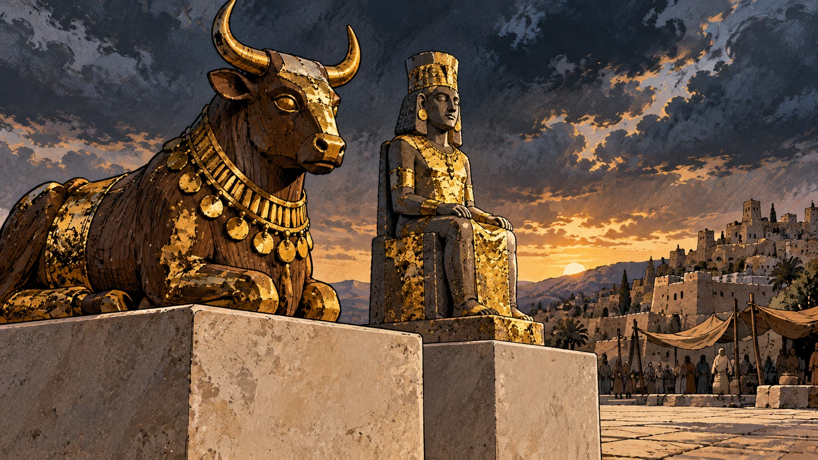 Inert gilded idols on blank plinths.
