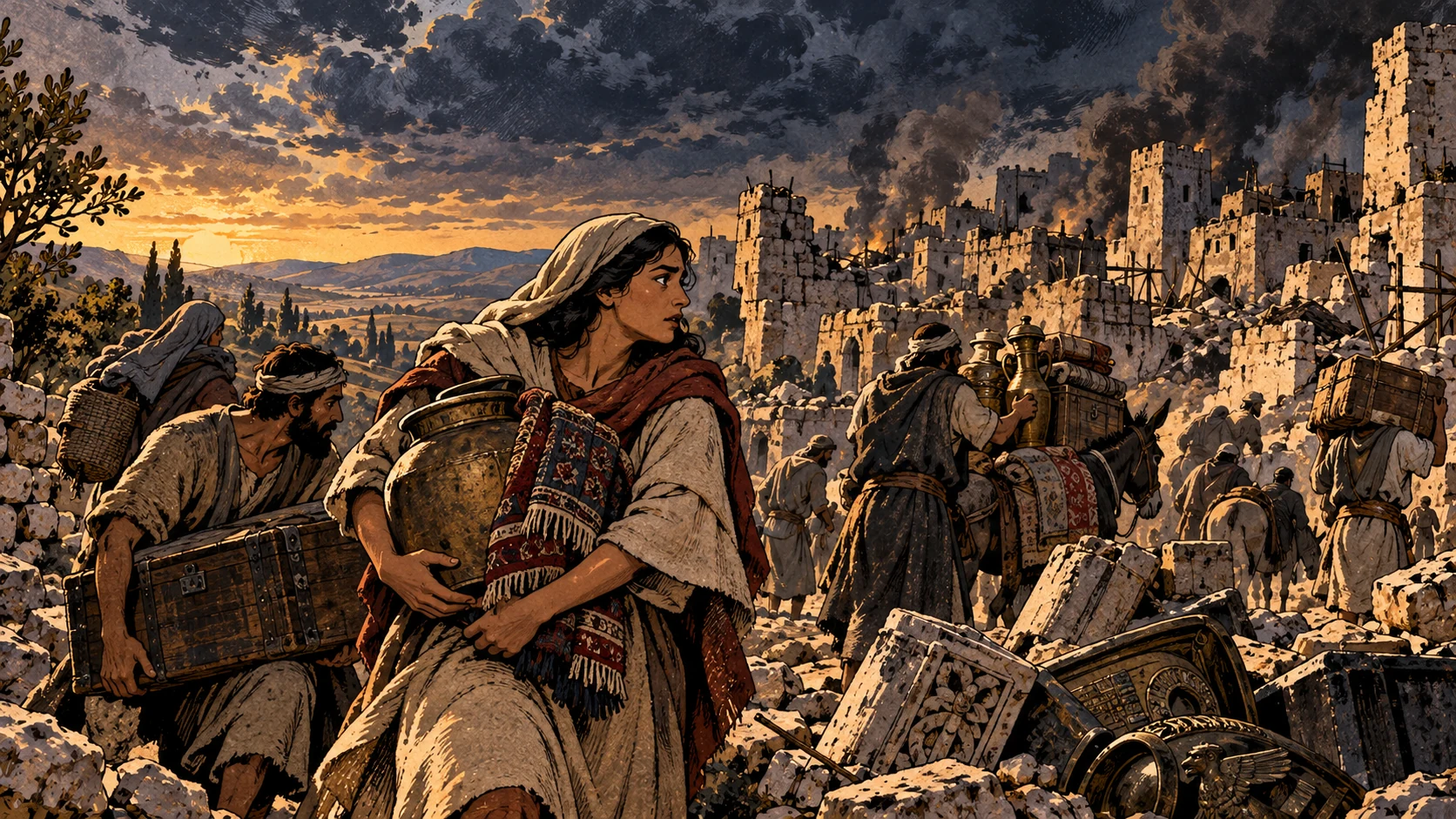 Survivors carry goods past damaged city.