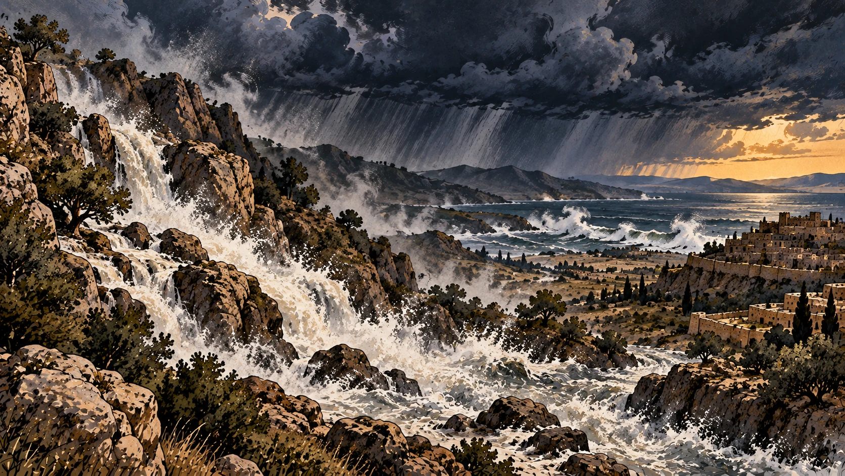 Mountain torrent and rough sea.