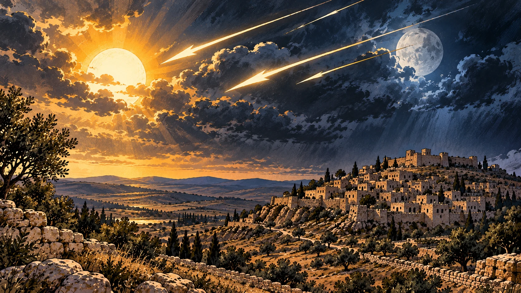 Sun moon and arrow-like light.
