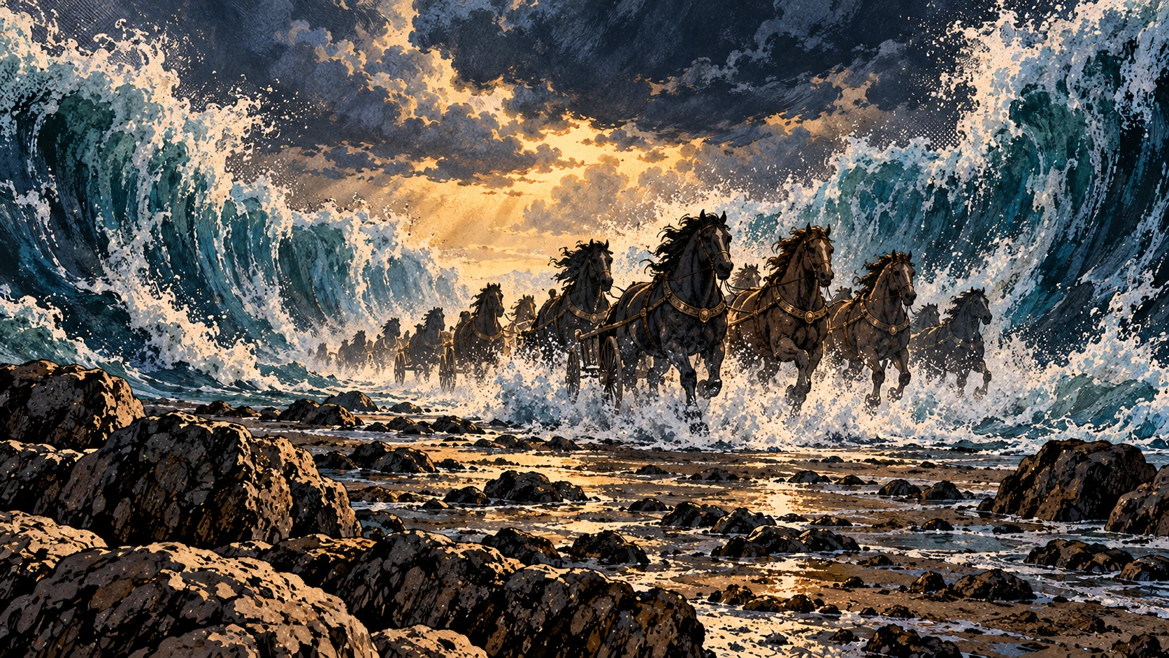 Unoccupied chariots amid heaped sea.